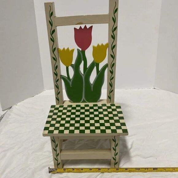 Vintage Hand Painted Wooden Doll Chair With Hand Carved Floral Cutout Design - Picture 6 of 9